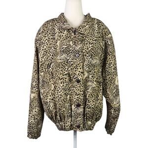 Vintage 80s Tan and Black Cheetah Print Satin Bomber Jacket